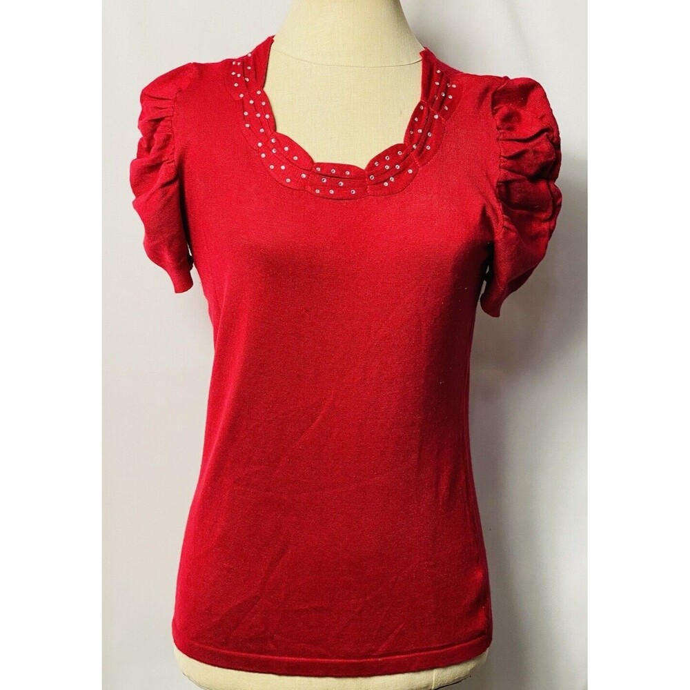 Carolyn Taylor Petite Knit Beaded Top Red Size PS